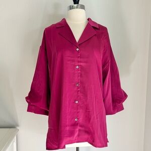 Entro Deep Magenta Relaxed Fit Satin Collared Shirt 3/4 Balloon Sleeves, Large